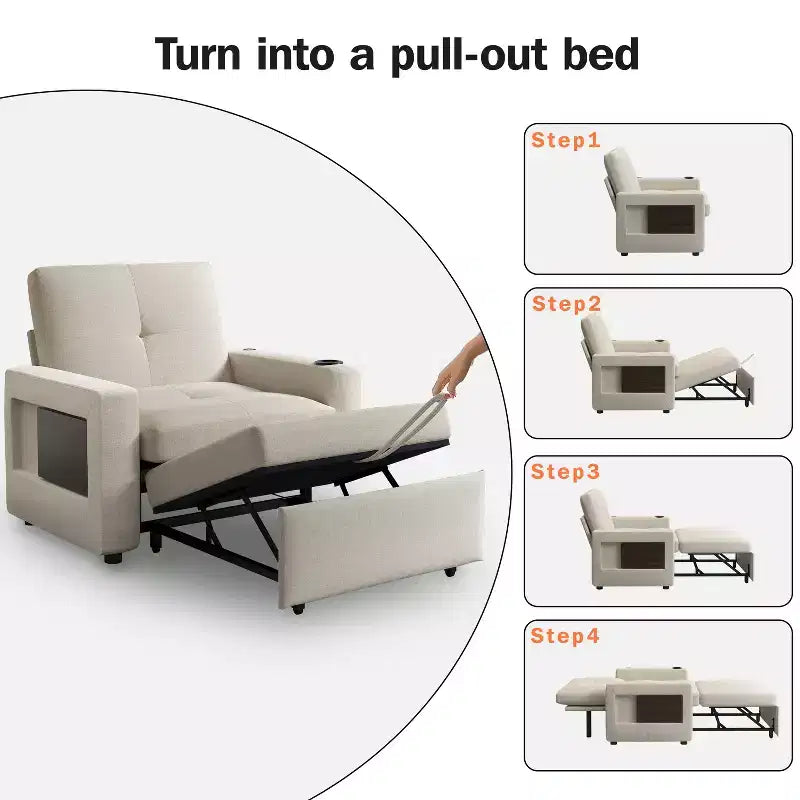 Fauteuil-lit 3-en-1, fauteuil de couchage convertible de 108 cm de large avec lit gigogne et tablette, porte-gobelet, dossier réglable, poches latérales