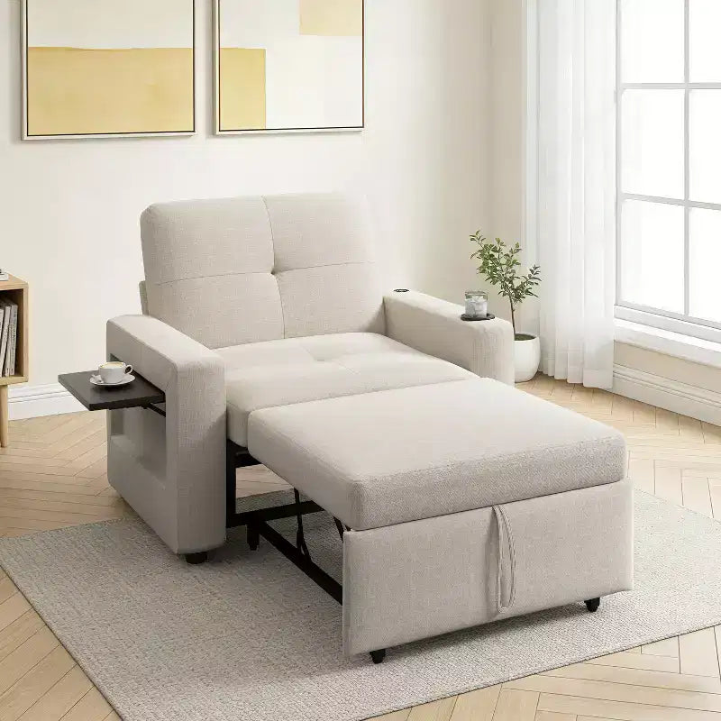 Dyonery 3-in-1 sofa chair bed, 42.5W convertible sleeping chair with pull-out bed and wing table, cup holder, adjustable backrest, side pockets