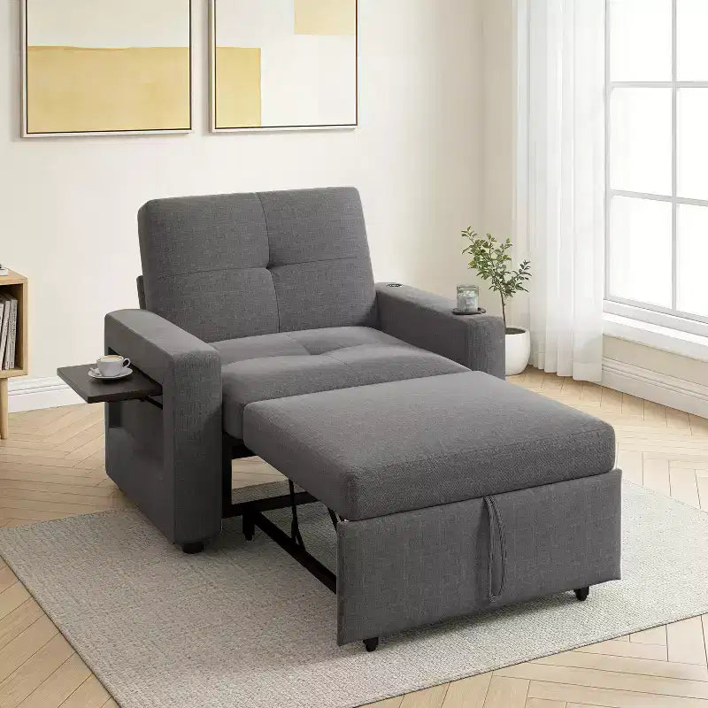 Fauteuil-lit 3-en-1, fauteuil de couchage convertible de 108 cm de large avec lit gigogne et tablette, porte-gobelet, dossier réglable, poches latérales