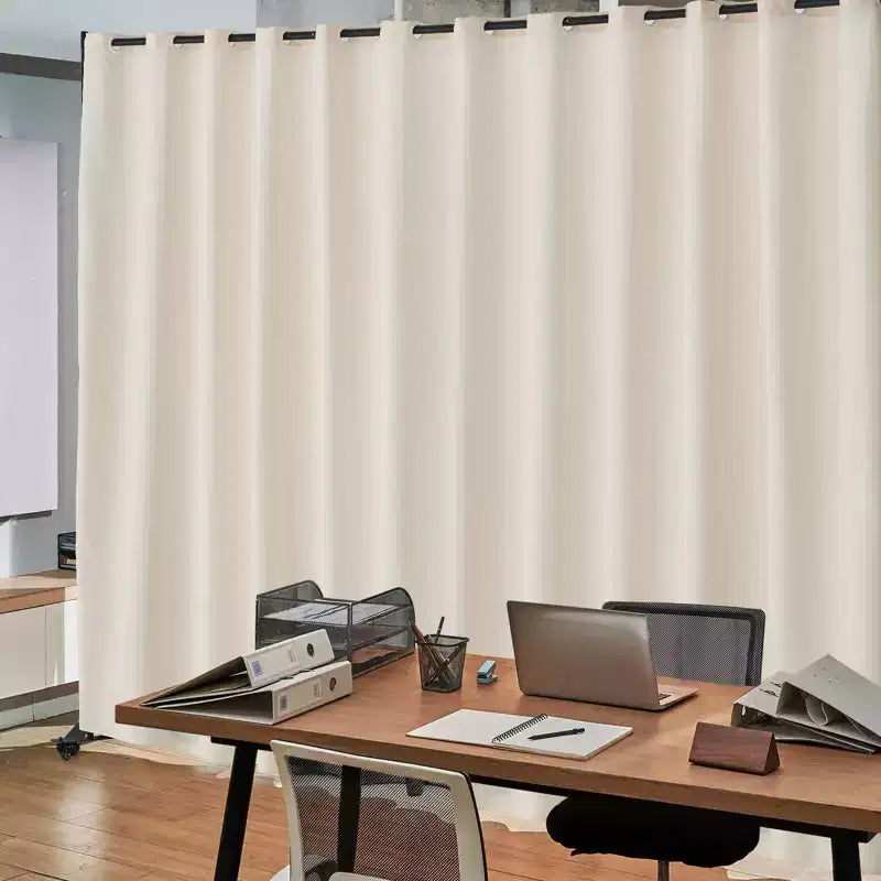Paravent, Cloison de séparation portative sur roulettes avec rideau, Paravent autoportant pour bureau, Beige