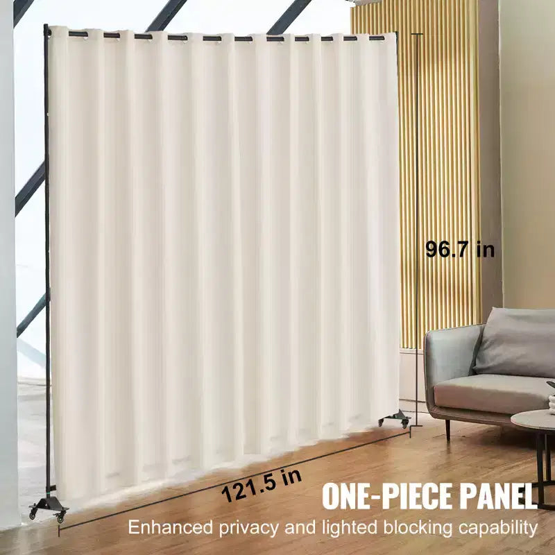 Paravent, Cloison de séparation portative sur roulettes avec rideau, Paravent autoportant pour bureau, Beige