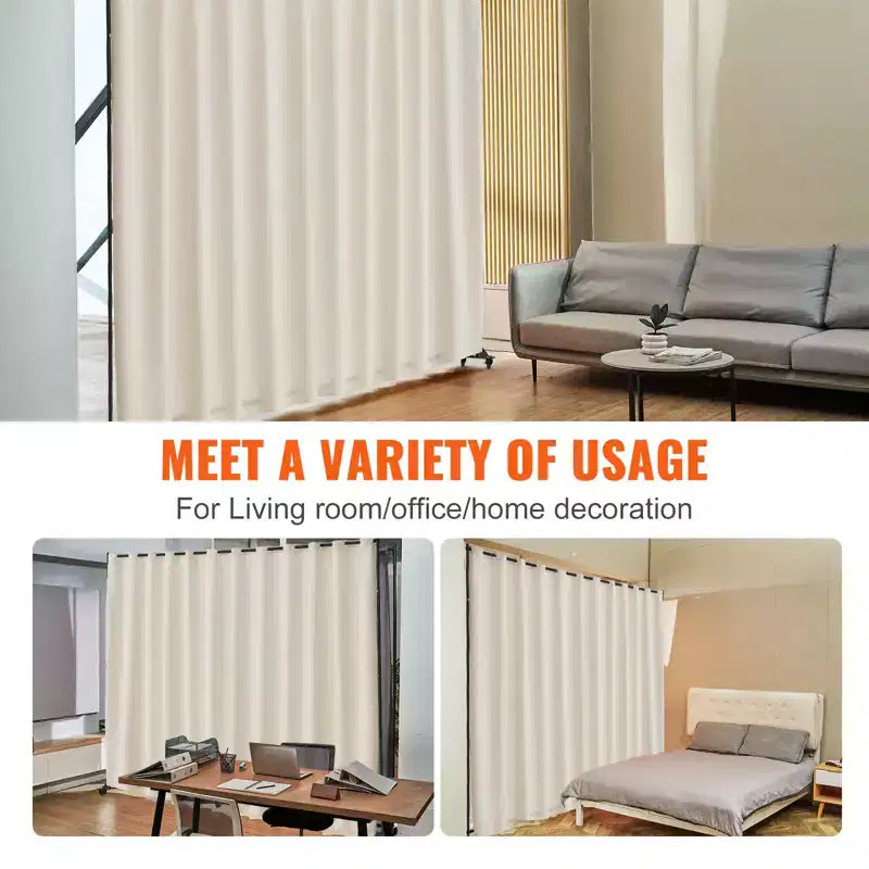 Paravent, Cloison de séparation portative sur roulettes avec rideau, Paravent autoportant pour bureau, Beige