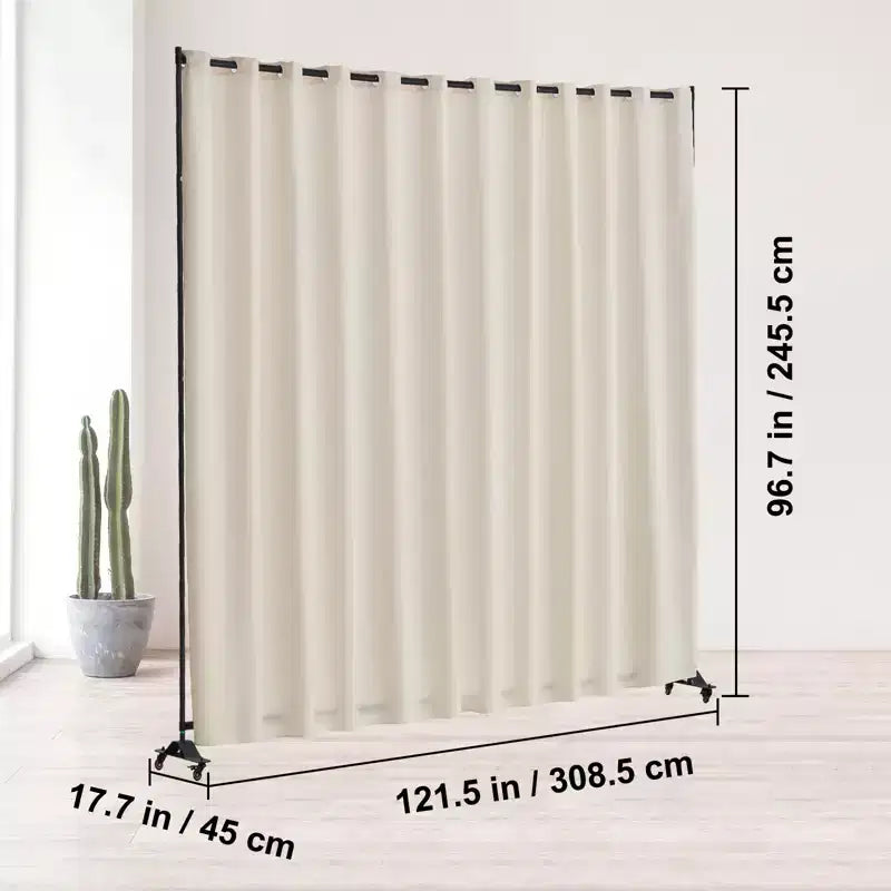 Paravent, Cloison de séparation portative sur roulettes avec rideau, Paravent autoportant pour bureau, Beige