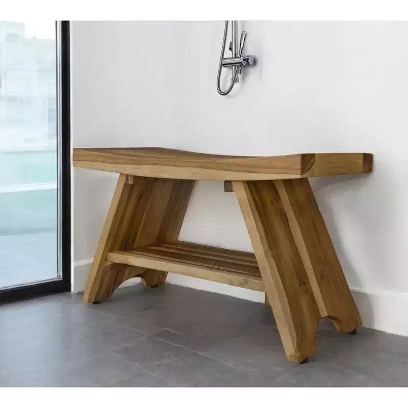Banc de douche d'extérieur rectangulaire en teck de 35 pouces avec étagère et finition naturelle