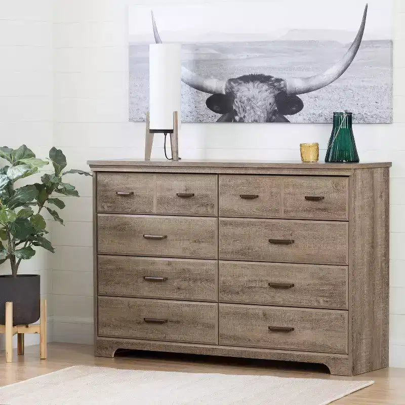 Commode horizontale en aggloméré de 5,25 po H avec 8 tiroirs au fini brun