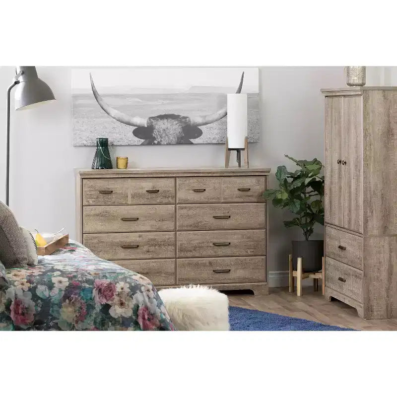 Commode horizontale en aggloméré de 5,25 po H avec 8 tiroirs au fini brun