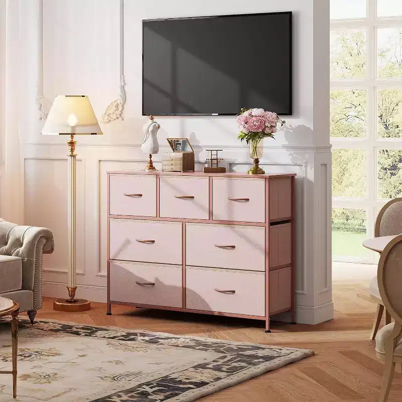 Meuble TV console multimédia à 7 tiroirs pour chambre, salon, entrée, cadre en acier et plateau en bois, compatible TV 45 pouces