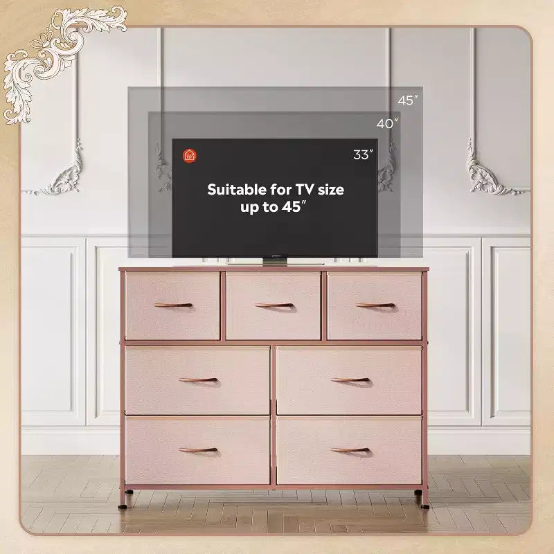 Meuble TV console multimédia à 7 tiroirs pour chambre, salon, entrée, cadre en acier et plateau en bois, compatible TV 45 pouces