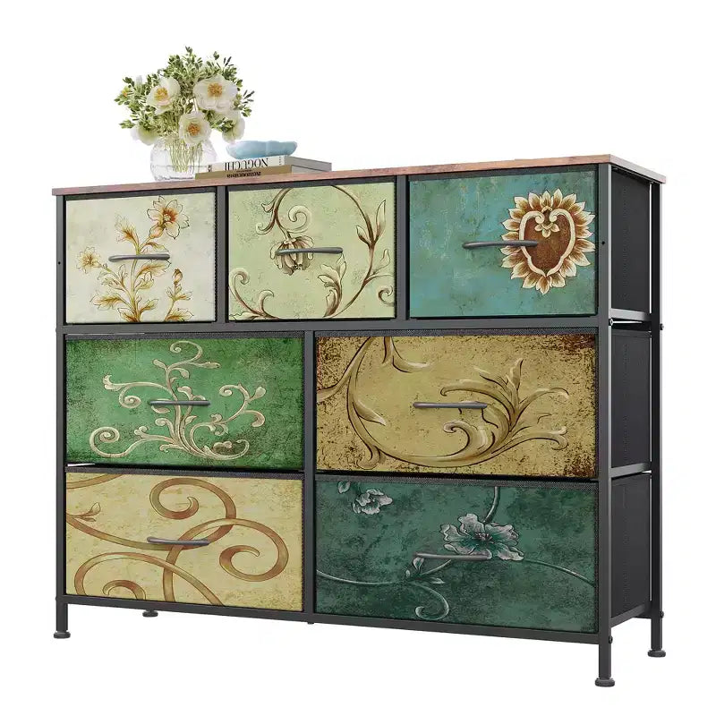 Meuble TV console multimédia à 7 tiroirs pour chambre, salon, entrée, cadre en acier et plateau en bois, compatible TV 45 pouces