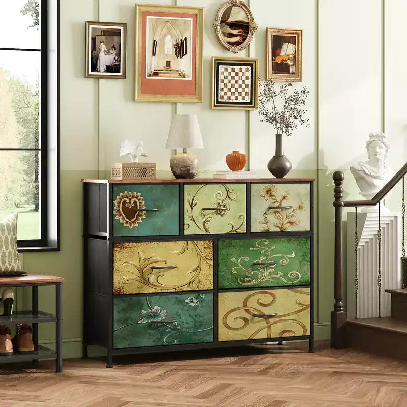 Meuble TV console multimédia à 7 tiroirs pour chambre, salon, entrée, cadre en acier et plateau en bois, compatible TV 45 pouces