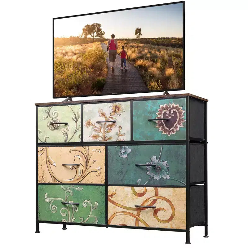 Meuble TV console multimédia à 7 tiroirs pour chambre, salon, entrée, cadre en acier et plateau en bois, compatible TV 45 pouces
