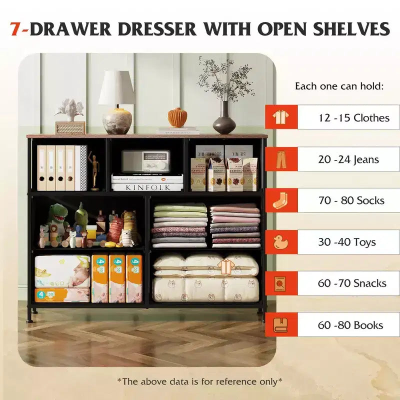 Meuble TV console multimédia à 7 tiroirs pour chambre, salon, entrée, cadre en acier et plateau en bois, compatible TV 45 pouces