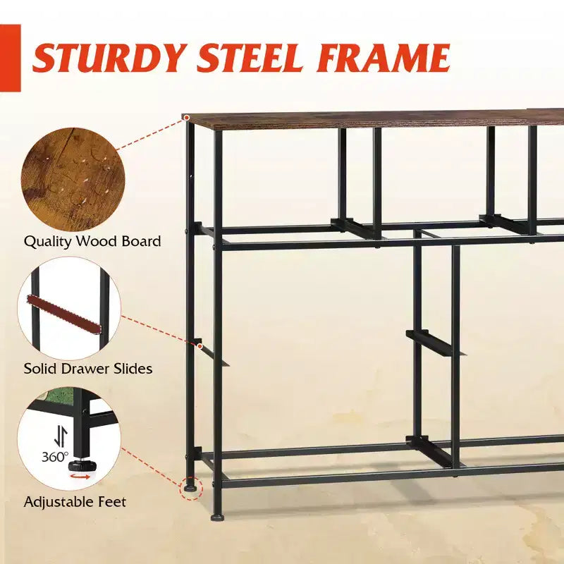 Meuble TV console multimédia à 7 tiroirs pour chambre, salon, entrée, cadre en acier et plateau en bois, compatible TV 45 pouces