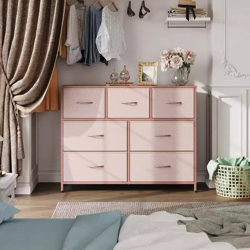 Meuble TV console multimédia à 7 tiroirs pour chambre, salon, entrée, cadre en acier et plateau en bois, compatible TV 45 pouces