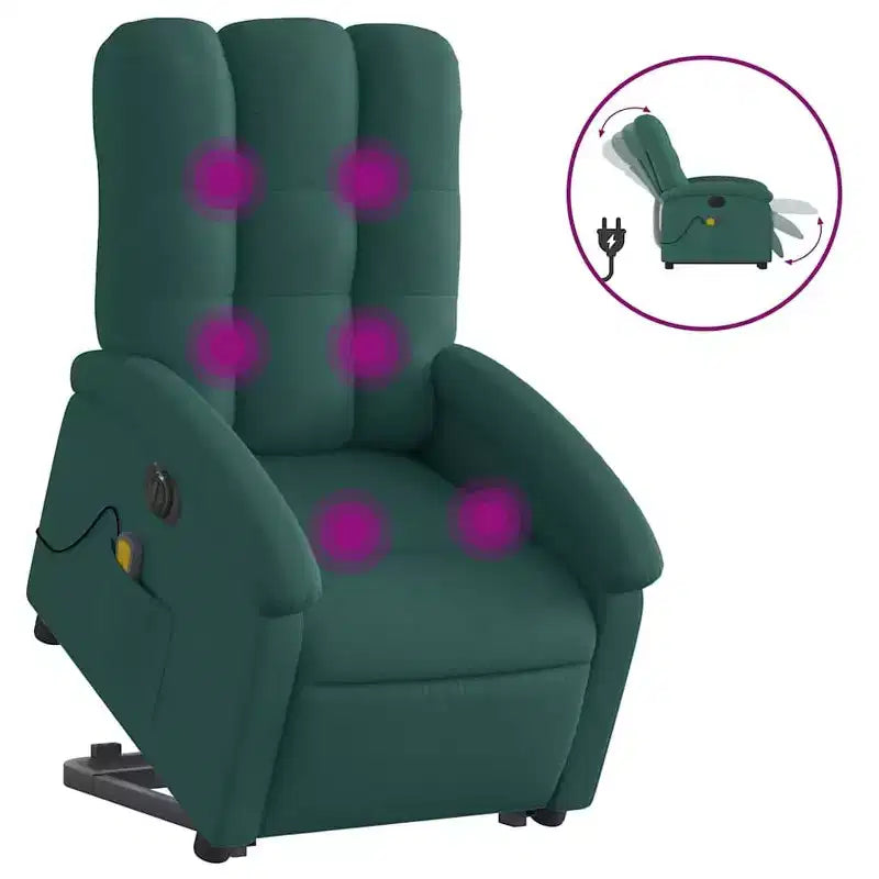 vidaXL Electric Massage Recliner-Lift Chair with Vibration Massage, Auto-Adjusting Backrest/Footrest, Dark Green Fabric, Side Pocket