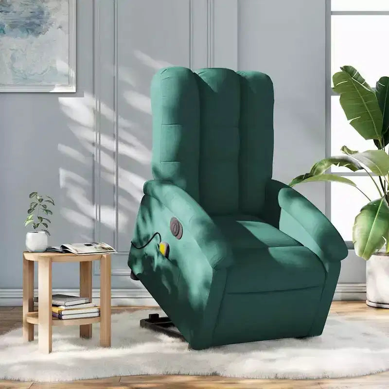 Fauteuil inclinable de massage électrique avec fonction releveur, massage par vibration, dossier/repose-pieds auto-ajustable, tissu vert foncé, poche latérale