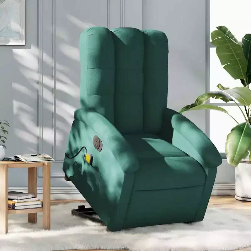 Fauteuil inclinable de massage électrique avec fonction releveur, massage par vibration, dossier/repose-pieds auto-ajustable, tissu vert foncé, poche latérale