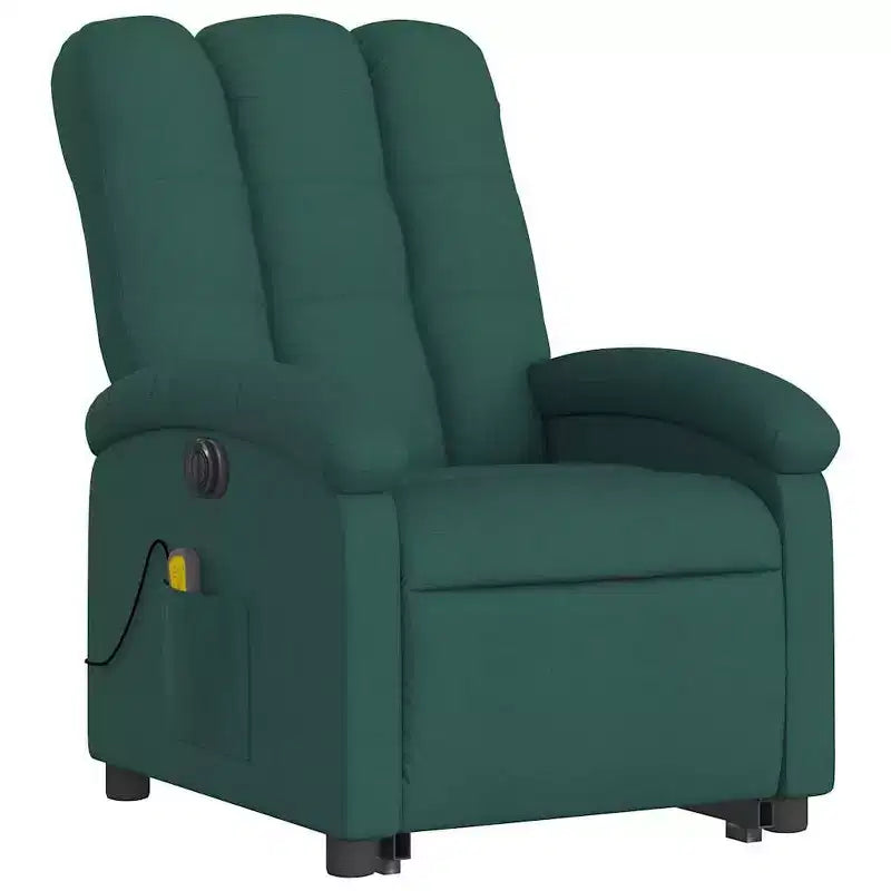 Fauteuil inclinable de massage électrique avec fonction releveur, massage par vibration, dossier/repose-pieds auto-ajustable, tissu vert foncé, poche latérale