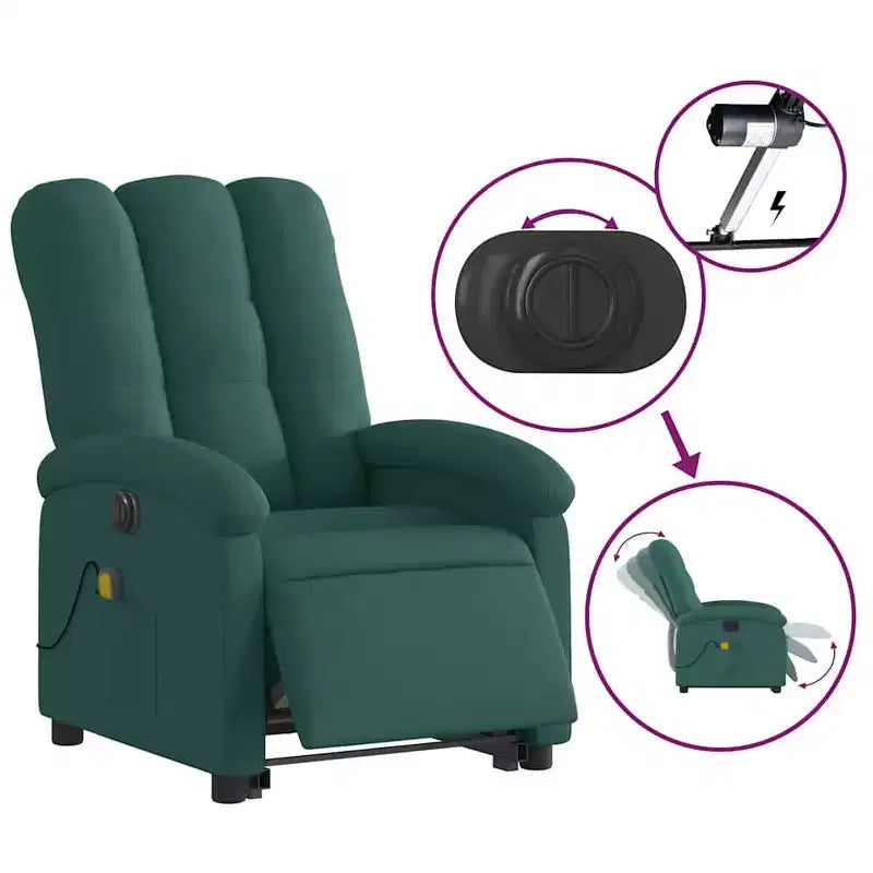 Fauteuil inclinable de massage électrique avec fonction releveur, massage par vibration, dossier/repose-pieds auto-ajustable, tissu vert foncé, poche latérale