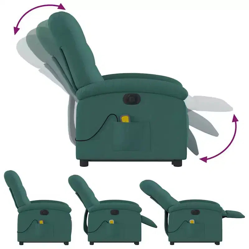 Fauteuil inclinable de massage électrique avec fonction releveur, massage par vibration, dossier/repose-pieds auto-ajustable, tissu vert foncé, poche latérale