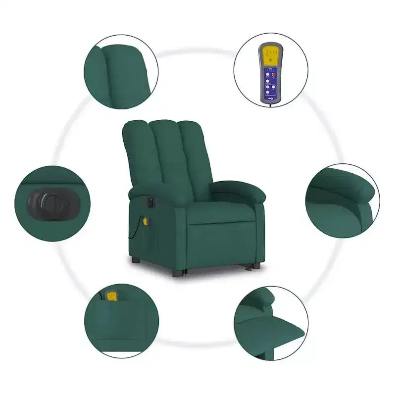 Fauteuil inclinable de massage électrique avec fonction releveur, massage par vibration, dossier/repose-pieds auto-ajustable, tissu vert foncé, poche latérale