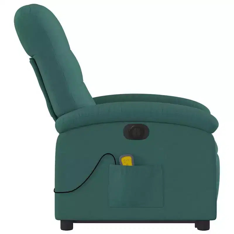 Fauteuil inclinable de massage électrique avec fonction releveur, massage par vibration, dossier/repose-pieds auto-ajustable, tissu vert foncé, poche latérale