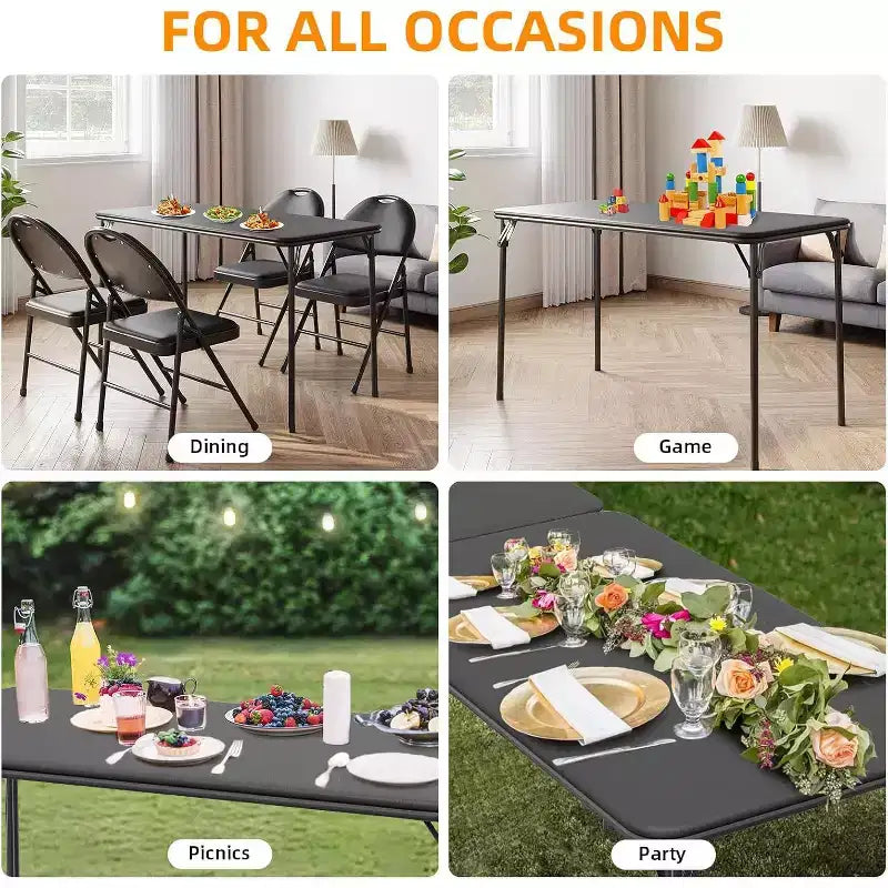 Table pliante de 4 pieds pour intérieur/extérieur, pieds métalliques verrouillables, plateau en cuir PU rembourré, pour pique-niques, fêtes, barbecues, camping