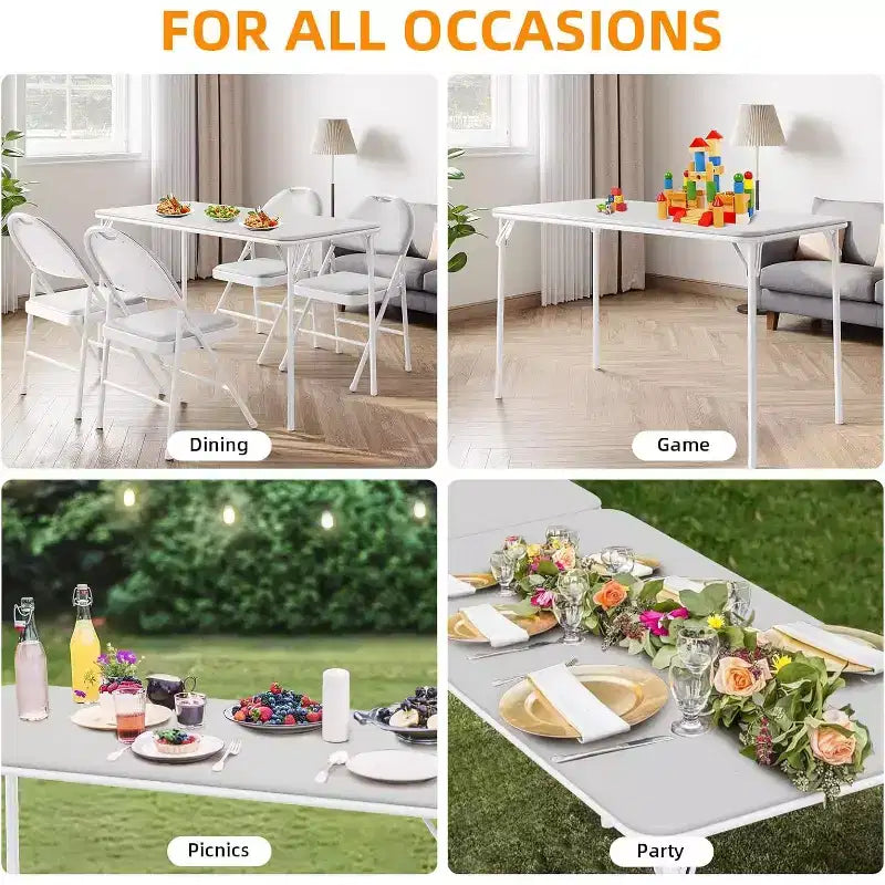 Table pliante de 4 pieds pour intérieur/extérieur, pieds métalliques verrouillables, plateau en cuir PU rembourré, pour pique-niques, fêtes, barbecues, camping