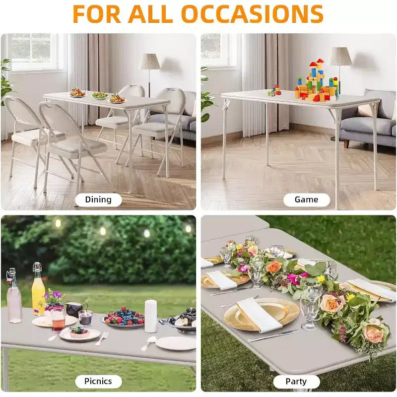Table pliante de 4 pieds pour intérieur/extérieur, pieds métalliques verrouillables, plateau en cuir PU rembourré, pour pique-niques, fêtes, barbecues, camping