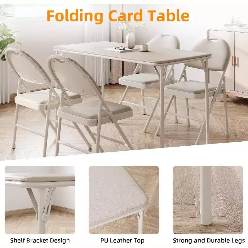 Table pliante de 4 pieds pour intérieur/extérieur, pieds métalliques verrouillables, plateau en cuir PU rembourré, pour pique-niques, fêtes, barbecues, camping
