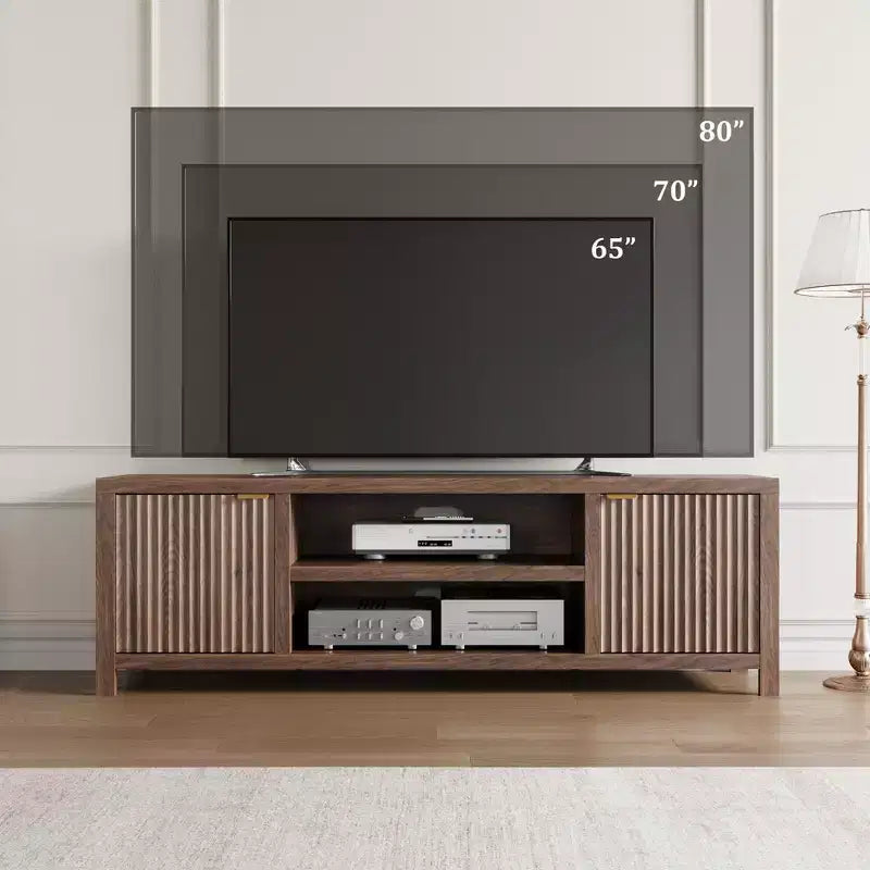 Meuble TV cannelé pour 80 pouces, Meuble TV moderne avec rangement, Console multimédia en bois avec porte et poignée cannelées