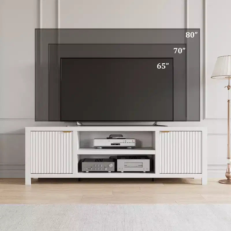Meuble TV cannelé pour 80 pouces, Meuble TV moderne avec rangement, Console multimédia en bois avec porte et poignée cannelées