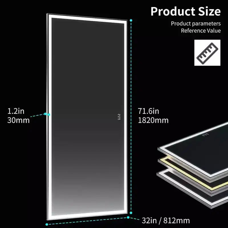 Miroir de salle de bain LED 72x32, miroir mural à cadre en aluminium, commande tactile, intensité variable, design étanche, parfait pour la salle de bain