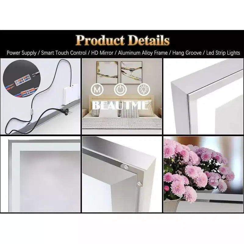 Miroir de salle de bain LED 72x32, miroir mural à cadre en aluminium, commande tactile, intensité variable, design étanche, parfait pour la salle de bain
