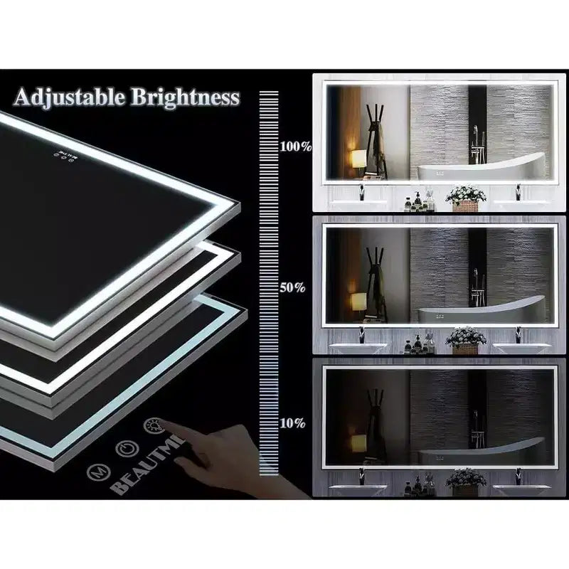 Miroir de salle de bain LED 72x32, miroir mural à cadre en aluminium, commande tactile, intensité variable, design étanche, parfait pour la salle de bain