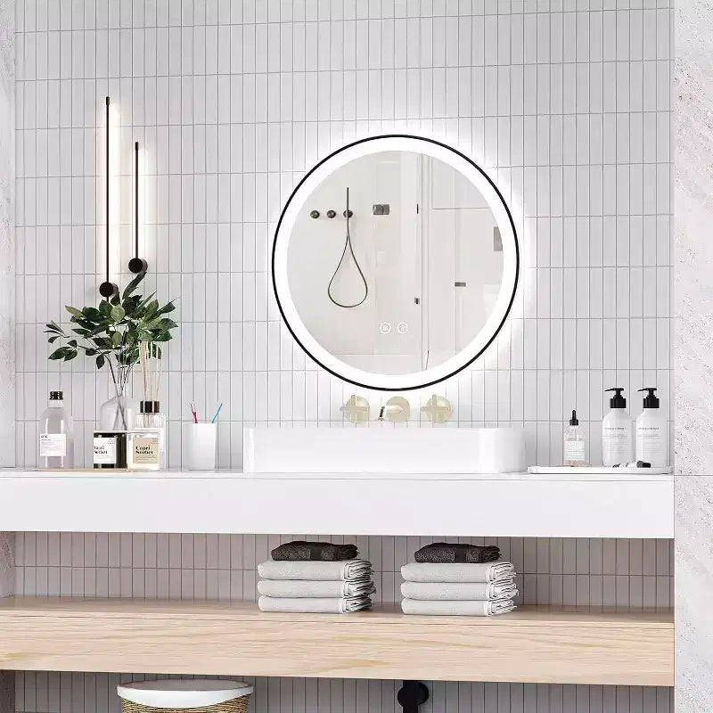 Miroir de salle de bain LED moderne de 61 cm, éclairage avant et arrière double, 3 modes de couleur, intensité réglable, anti-buée, miroir de courtoisie carré mural