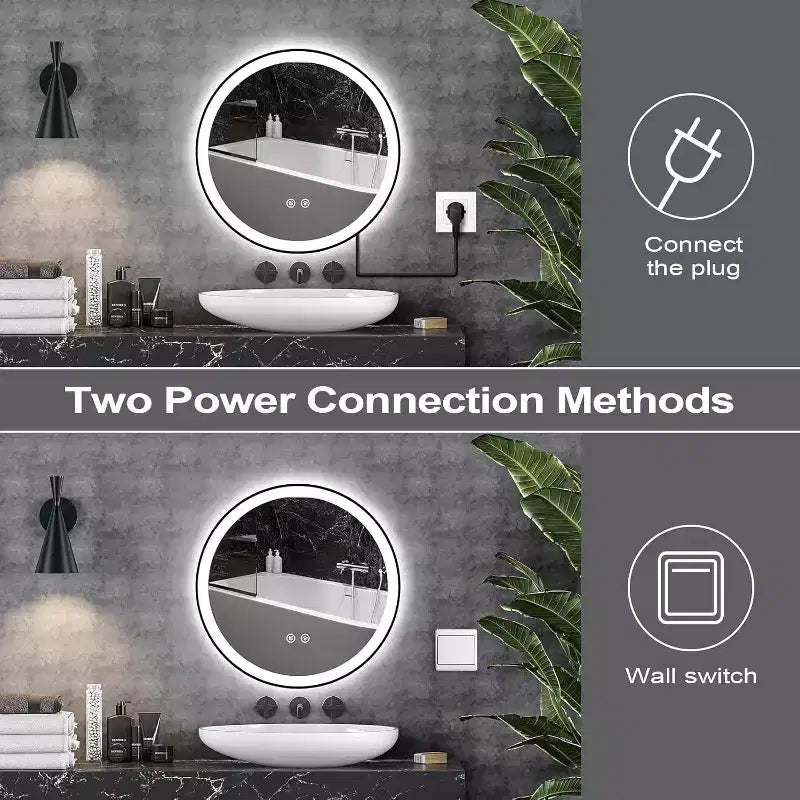 Miroir de salle de bain LED moderne de 61 cm, éclairage avant et arrière double, 3 modes de couleur, intensité réglable, anti-buée, miroir de courtoisie carré mural
