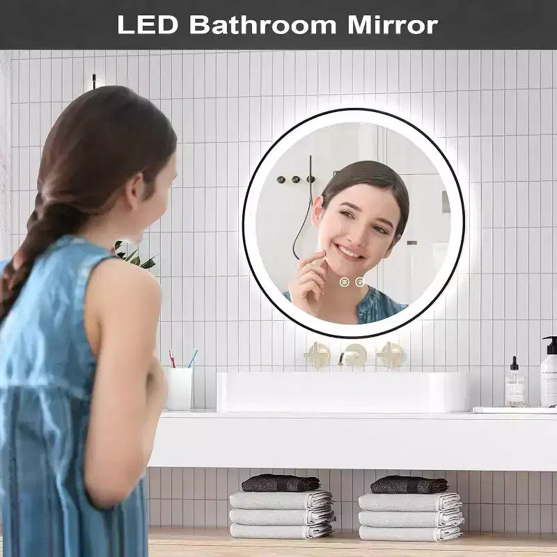 Miroir de salle de bain LED moderne de 61 cm, éclairage avant et arrière double, 3 modes de couleur, intensité réglable, anti-buée, miroir de courtoisie carré mural
