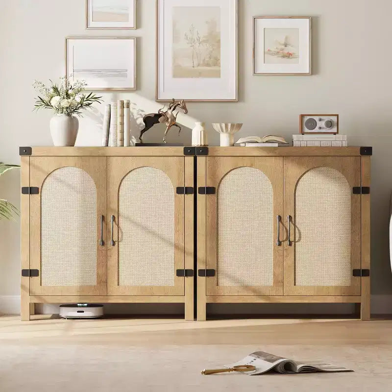 Boho Farmhouse Sideboard with Adjustable Shelves and Handle for Kitchen, Living Room, Natural