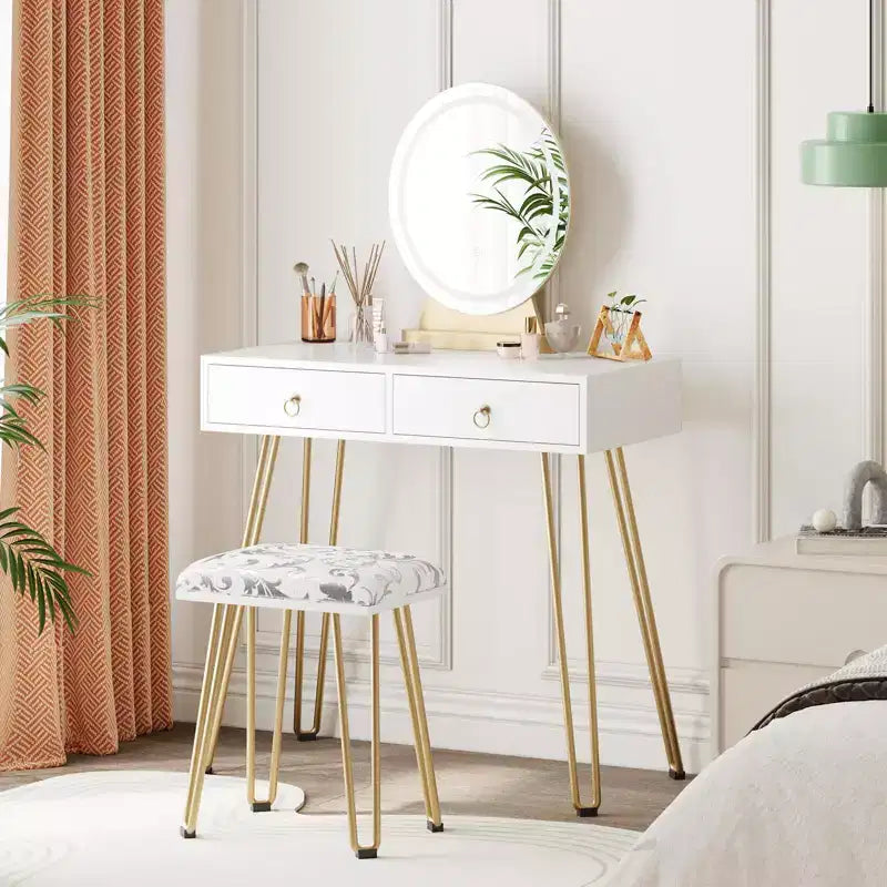 GustoWave Vanity Desk with Stool, Small Makeup Vanity Table with 3 Lighting Modes Brightness Adjustable, 32 Inch Makeup Vanity Table with 2 Drawers