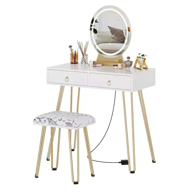 Coiffeuse avec tabouret, petite coiffeuse avec 3 modes d'éclairage à luminosité réglable, coiffeuse de 81 cm avec 2 tiroirs