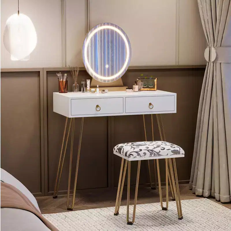 Coiffeuse avec tabouret, petite coiffeuse avec 3 modes d'éclairage à luminosité réglable, coiffeuse de 81 cm avec 2 tiroirs
