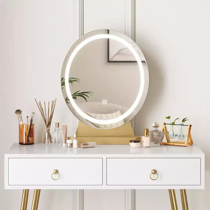 Coiffeuse avec tabouret, petite coiffeuse avec 3 modes d'éclairage à luminosité réglable, coiffeuse de 81 cm avec 2 tiroirs