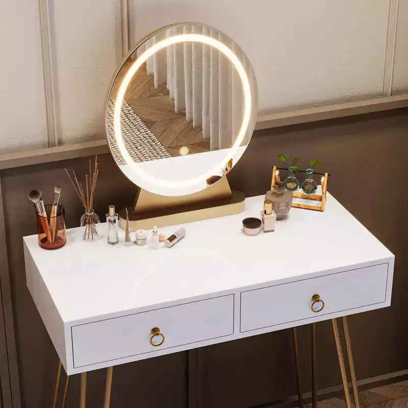 Coiffeuse avec tabouret, petite coiffeuse avec 3 modes d'éclairage à luminosité réglable, coiffeuse de 81 cm avec 2 tiroirs