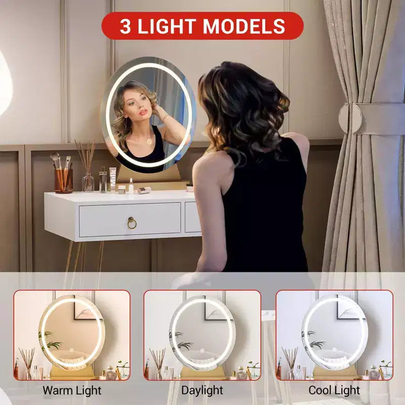 Coiffeuse avec tabouret, petite coiffeuse avec 3 modes d'éclairage à luminosité réglable, coiffeuse de 81 cm avec 2 tiroirs