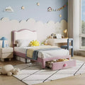 Pink Upholstered Twin Bed Frame with Scallop Headboard & Storage Drawer, Platform Bed with Wooden Slats, No Box Spring Needed
