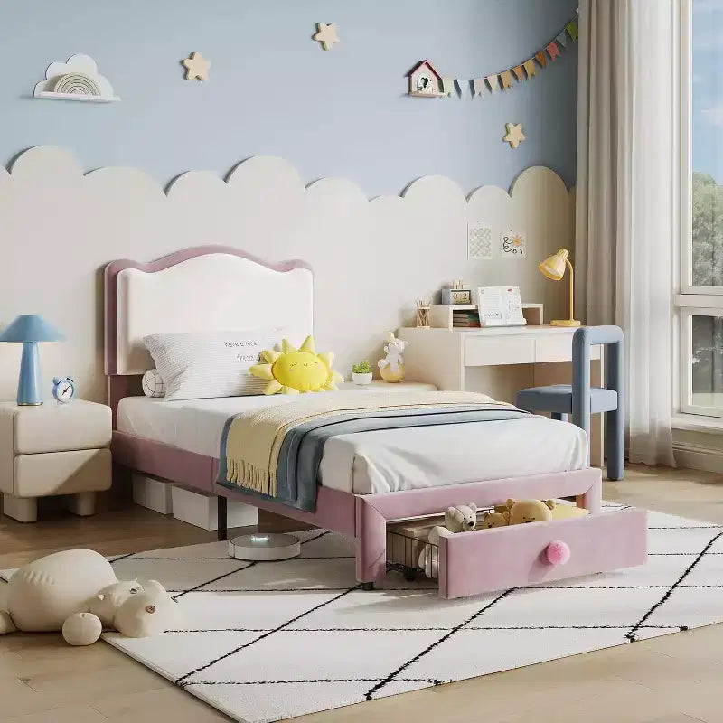 Pink Upholstered Twin Bed Frame with Scallop Headboard & Storage Drawer, Platform Bed with Wooden Slats, No Box Spring Needed