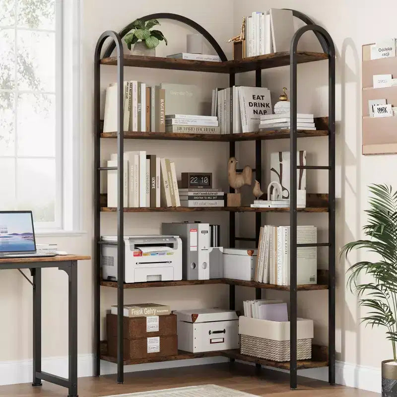5 Tier Corner Bookcase, Industrial Wood Bookshelf with Metal Frame, Open Shelves Book Storage Organizer for Living Room, Bedroom, Home Office