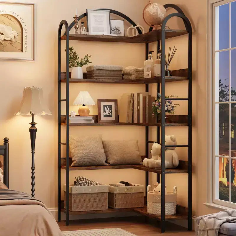 Bibliothèque d'angle à 5 niveaux, étagère industrielle en bois avec cadre en métal, étagères ouvertes de rangement pour livres pour salon, chambre à coucher, bureau à domicile