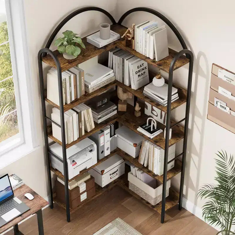 Bibliothèque d'angle à 5 niveaux, étagère industrielle en bois avec cadre en métal, étagères ouvertes de rangement pour livres pour salon, chambre à coucher, bureau à domicile